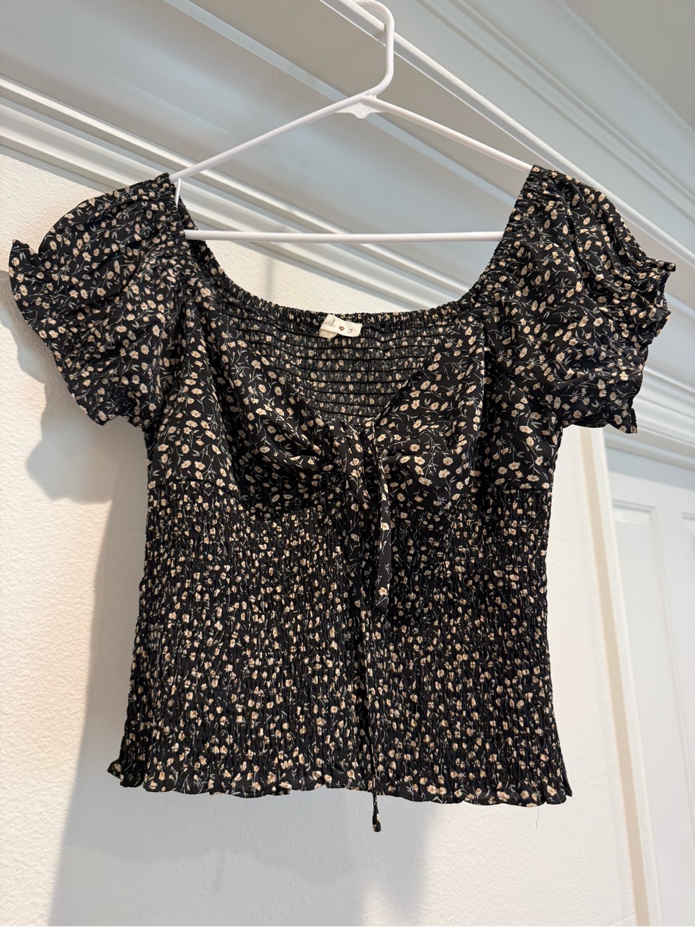 Blush Black Floral Smocked Short-Sleeve Crop Top